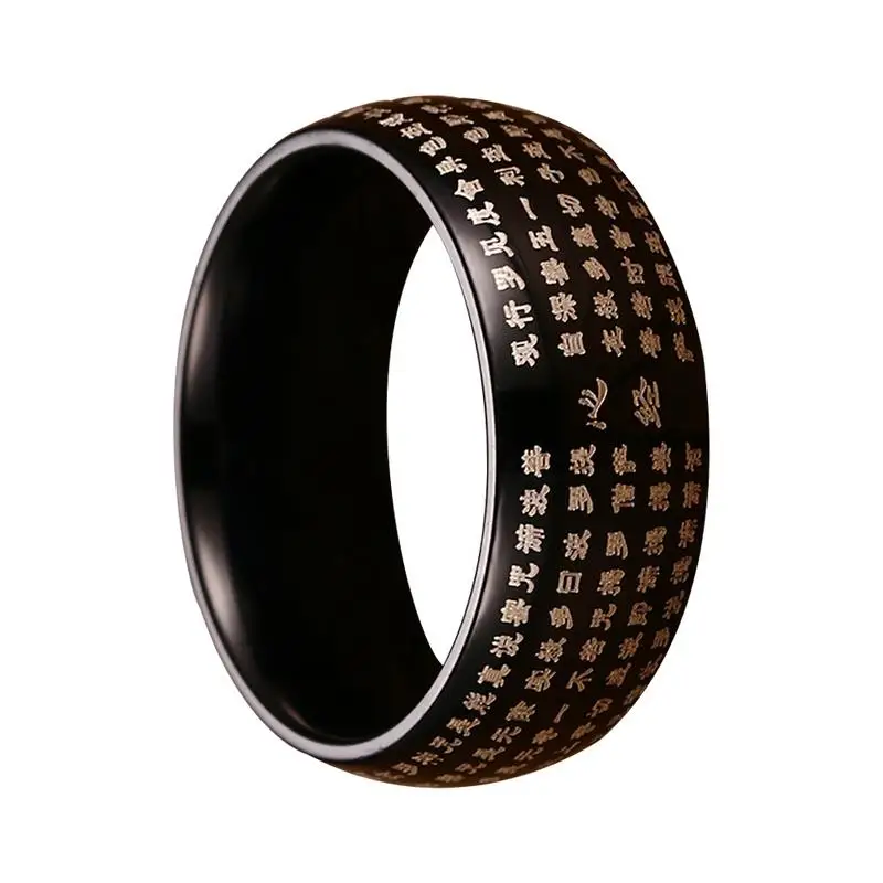

8MM Buddhist Religious Style Ring Men's Vacuum Plating High Polished Stainless Steel Buddhist Scriptures Design Ring Men's New
