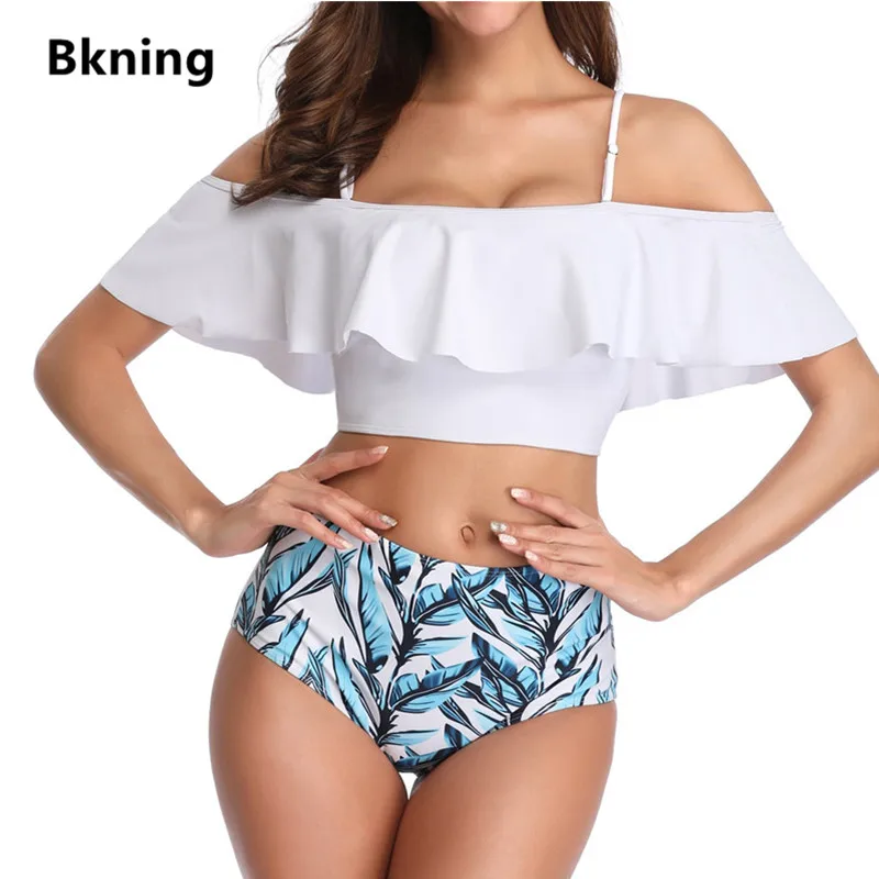 

Ruffle Bikini High Waist Set Push Up Swimsuit 2019 Two Piece Suits Strapless Floral Print Brazilian Biquini New Large Size 2XL