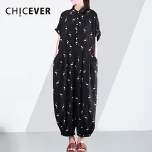 CHICEVER шифоновый летний женский комбинезон с принтом, с отворотом, короткий рукав, свободный, большой размер, широкие штаны, Комбинезоны для женщин, повседневная мода