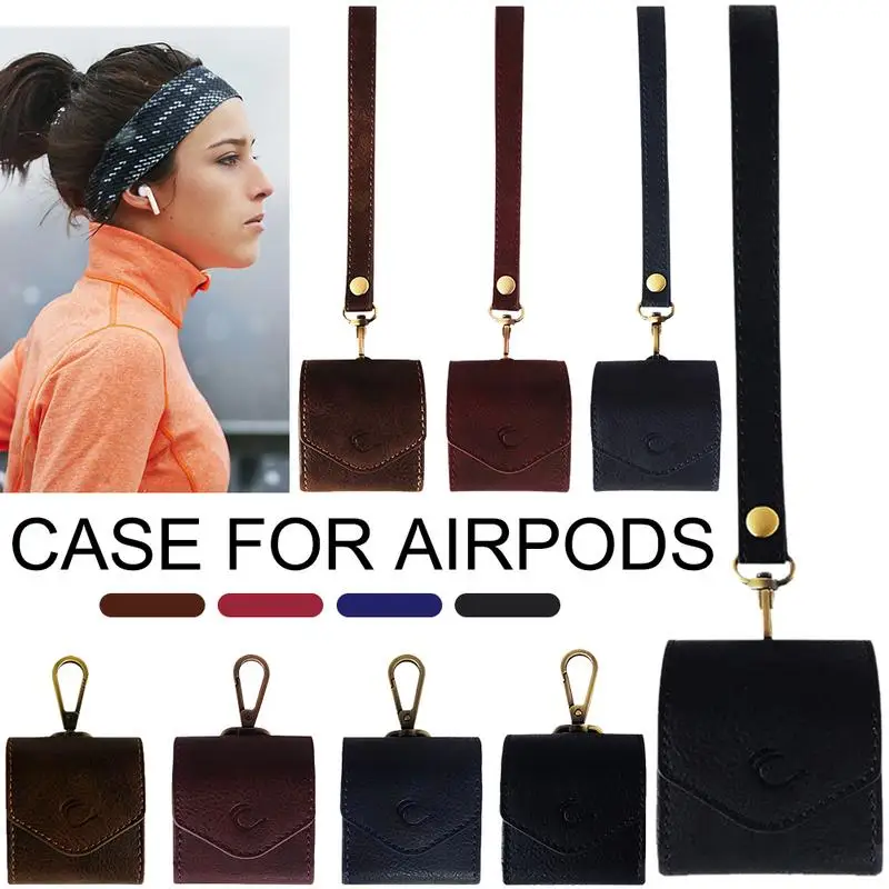 

Luxury Genuine Leather Earphone Protective Case For AirPods Charging Case Protective Storage Bag Black Brown With Hook Lanyard