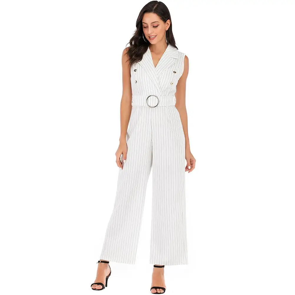 

2019 Fashion Women Summer Striped Solid Color Clothing Female Bodycon Lapel Sleeveless Casual OL Wide Leg Pants Jumpsuit Romper