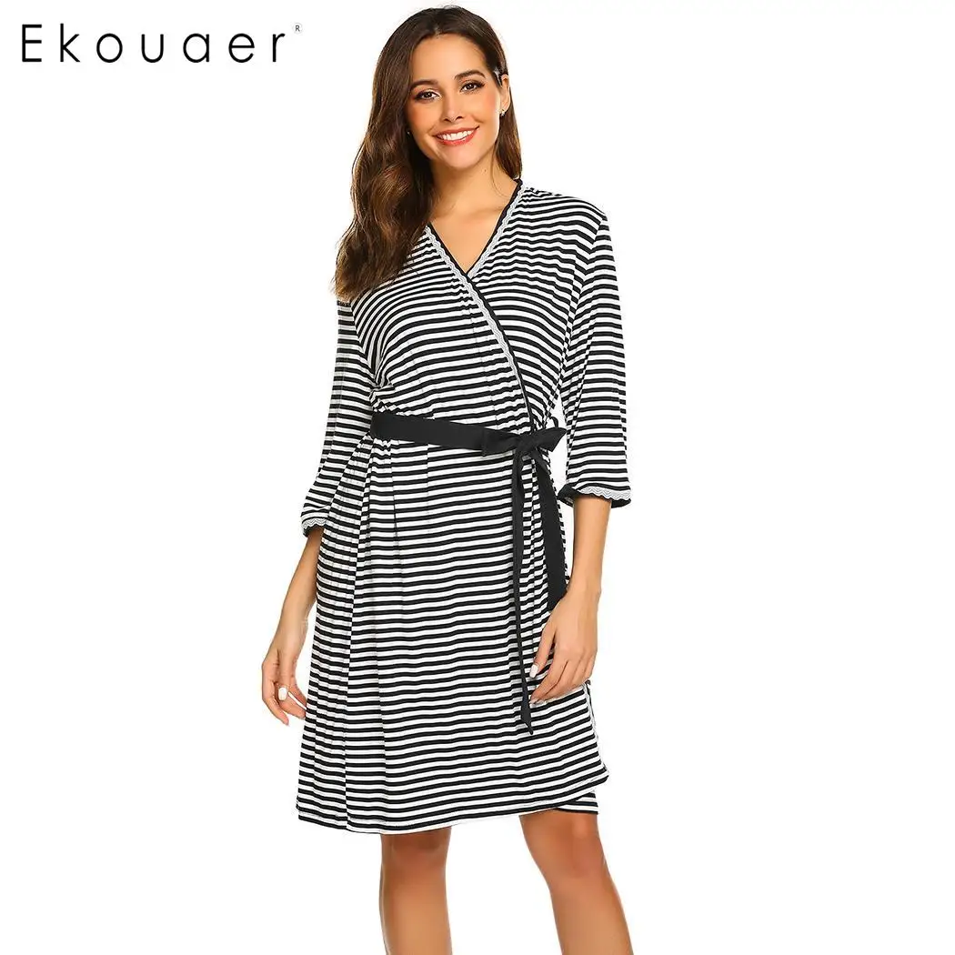 

Ekouaer Sexy Robe Sleepwear Women Dressing Gown Bathrobe V-Neck Striped Maternity Loose Summer Kimono Robes Female Nighties