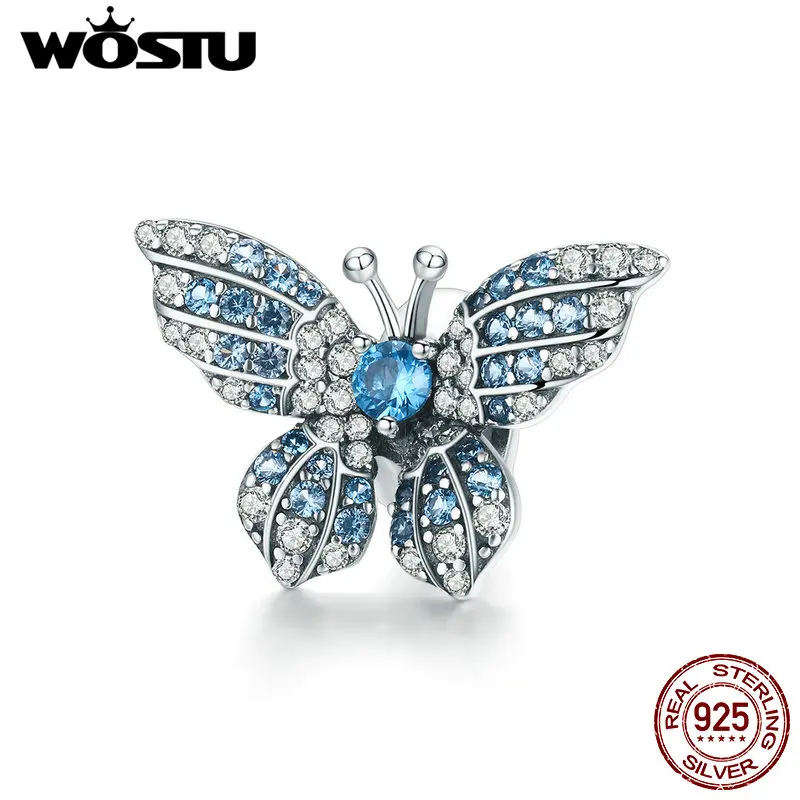 

WOSTU 925 Sterling Silver Butterfly Beads Blue Zircon Charm Fit Original Bracelet Pendant For Women Jewelry Accessories CTC061