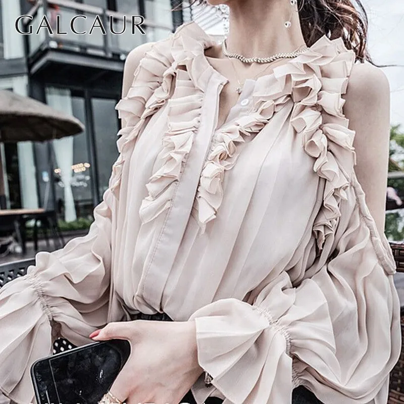 

GALCAUR Ruffles Patchwork Women Blouse Off Shoulder Lantern Sleeve Oversize Female Shirt Elegant Spring 2019 Fashion New