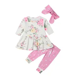 Топы с цветочным рисунком для маленьких девочек, платье, штаны, розовые леггинсы в горошек, повязка на голову, комплект одежды из 3 шт