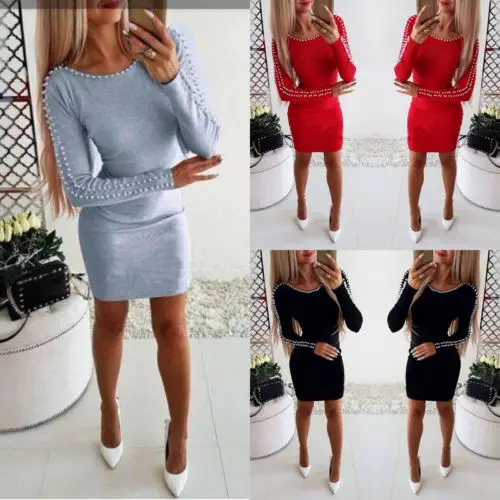 

Women Sexy Shoulder Beading Bodycon Dress Ladies Party Mini Dress