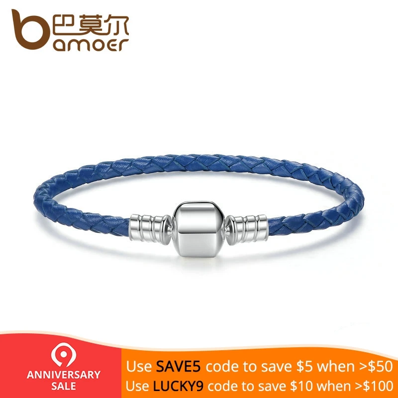 Koop BAMOER 925 Sterling Zilver Blauw Touw Echt Leer Snake Chain DIY Armbanden voor Vrouwen Fijne Sieraden PAS910