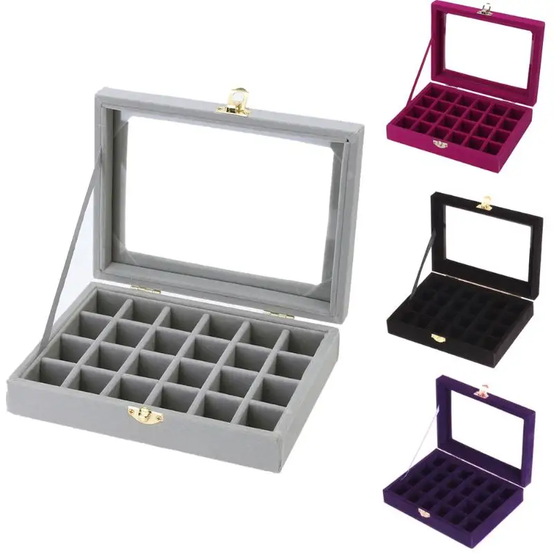 

2019 Velvet Jewelry Box 20x15 x 4.5cm Jewelry Tray Holder Storage Jewelry Organizer 24 Grids Ring Ear Studs Jewelry Box