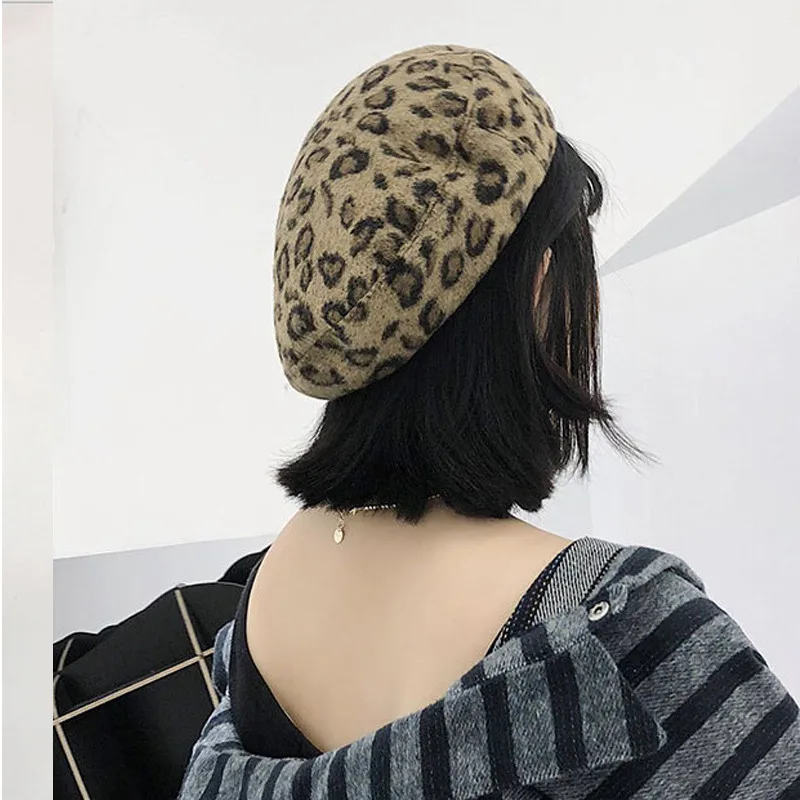 

Newest Lady spring Winter Berets Hat Fashion style hat Women Wool Berets Leopard Caps Female Bonnet Warm Walking Cap