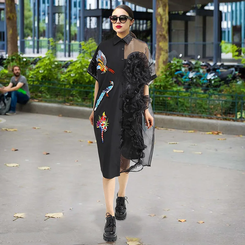 

SHENGPALAE 2019 New Spring Fashion Turn-down Collar Short Sleeve Embroidery Stitching Lace Perspective Women Dress FA961