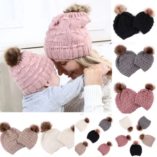 

Women Kids Baby Child Warm Winter Knit Beanie Fur Pom Bobble Hat Crochet Ski Caps