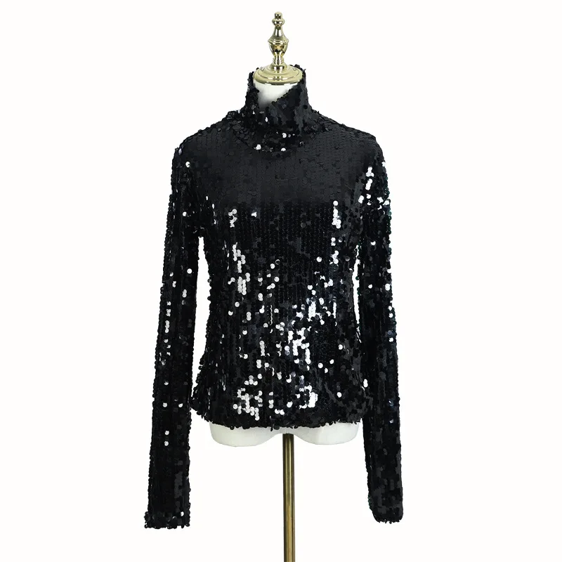 [EAM] 2019 New Spring Stand Collar Long Sleeve Black Sequins Split Joint Loose Shirt Women Blouse Fashion Tide JL321