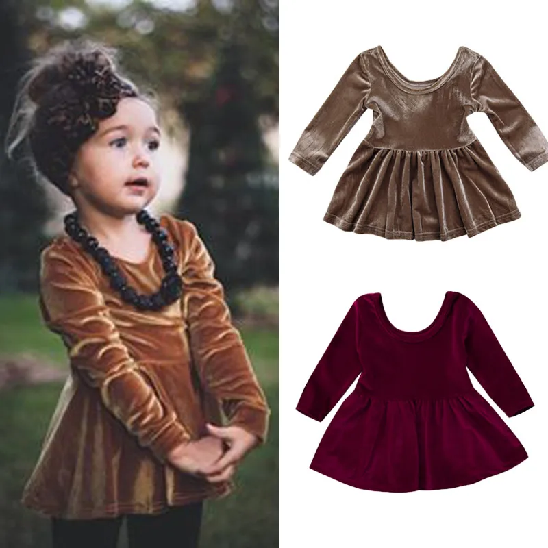 Baby Girls Sweet Velvet Dress fashion Long Sleeve Party Dresses baby