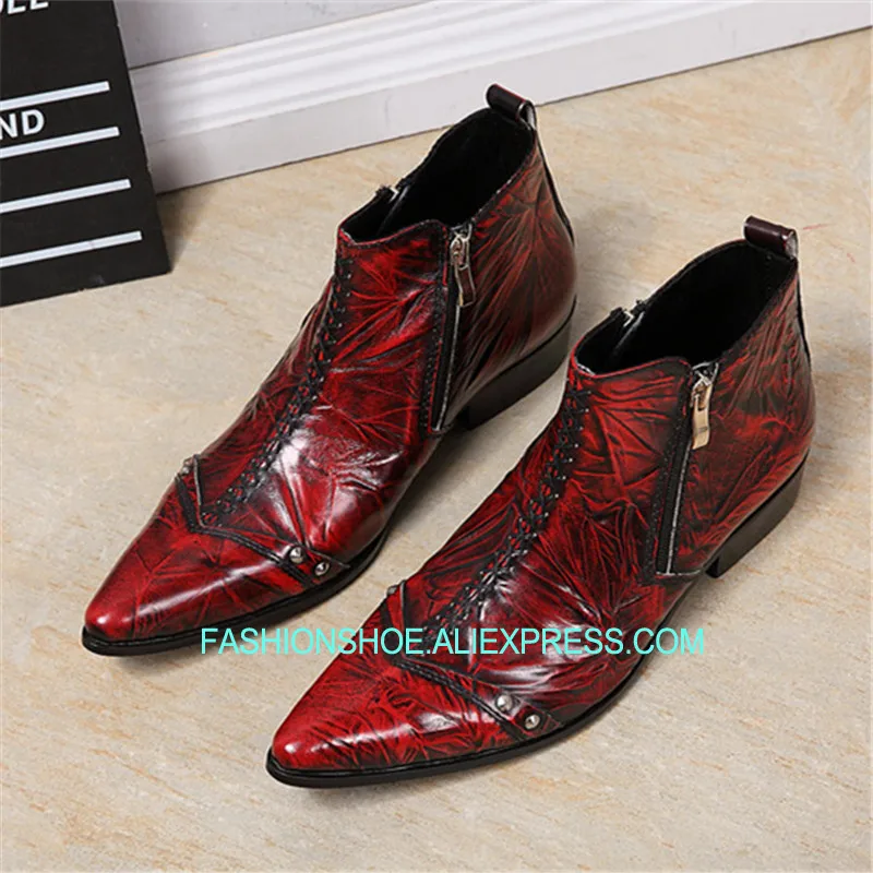 

Wine Red Men Ankle Boots Double Zipper Military Cowboy Boot Mens Safety Shoes Pointed Toe Dress Rubber Boots