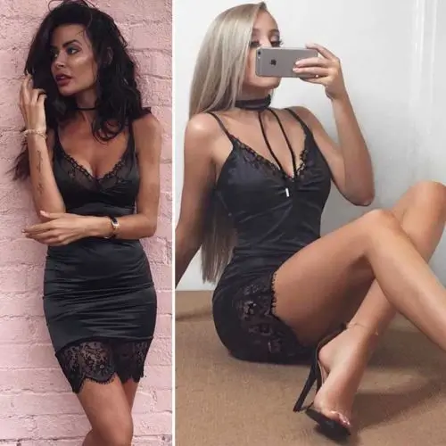 

Summer Sexy Women's Lace Stitching Sleeveless Dress Casual Sling V-neck Tight Mini Dress