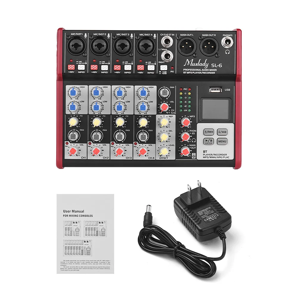 Muslady SL-6 Портативный 6-канальный смешивания консольный микшер 2-полосным эквалайзером встроенный 48V Phantom Мощность поддерживает подключения BT USB