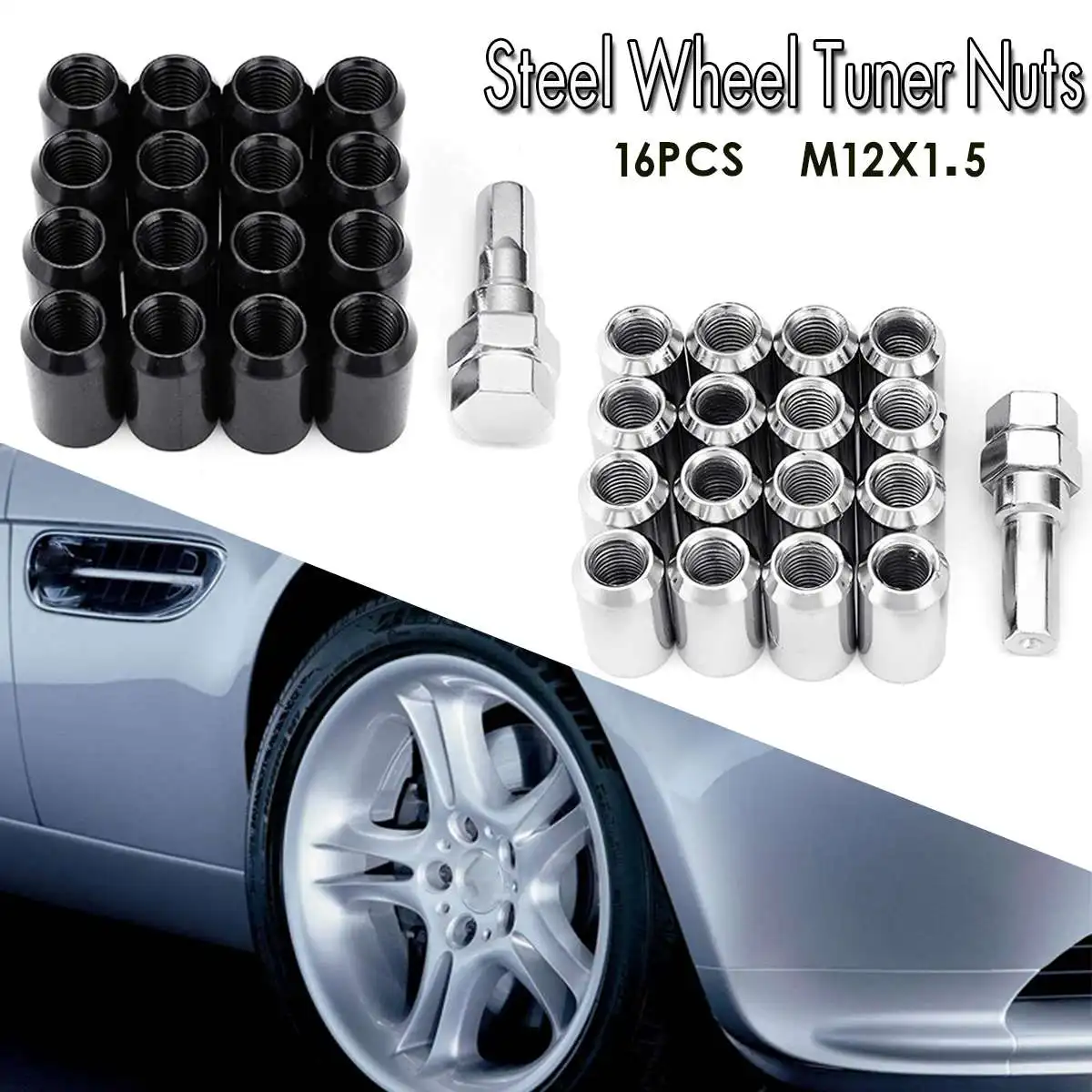 

16pcs 32mm*20mm Black Silver Steel Wheel Tuner Nuts M12X1.5 60d Tapered for Honda/Toyota/Ford /Chevrolet/Kia