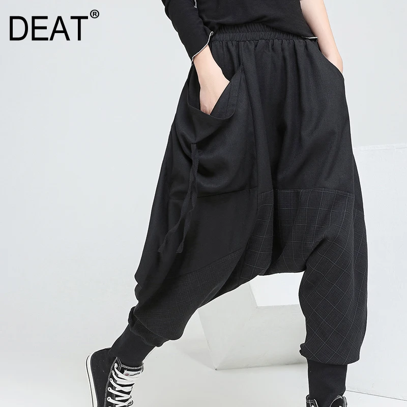 

[DEAT] 2019 New Spring High Waist Solid Color Black Plaid Split Joint Loose Cross-pants Women Trousers Fashion Tide JE3340