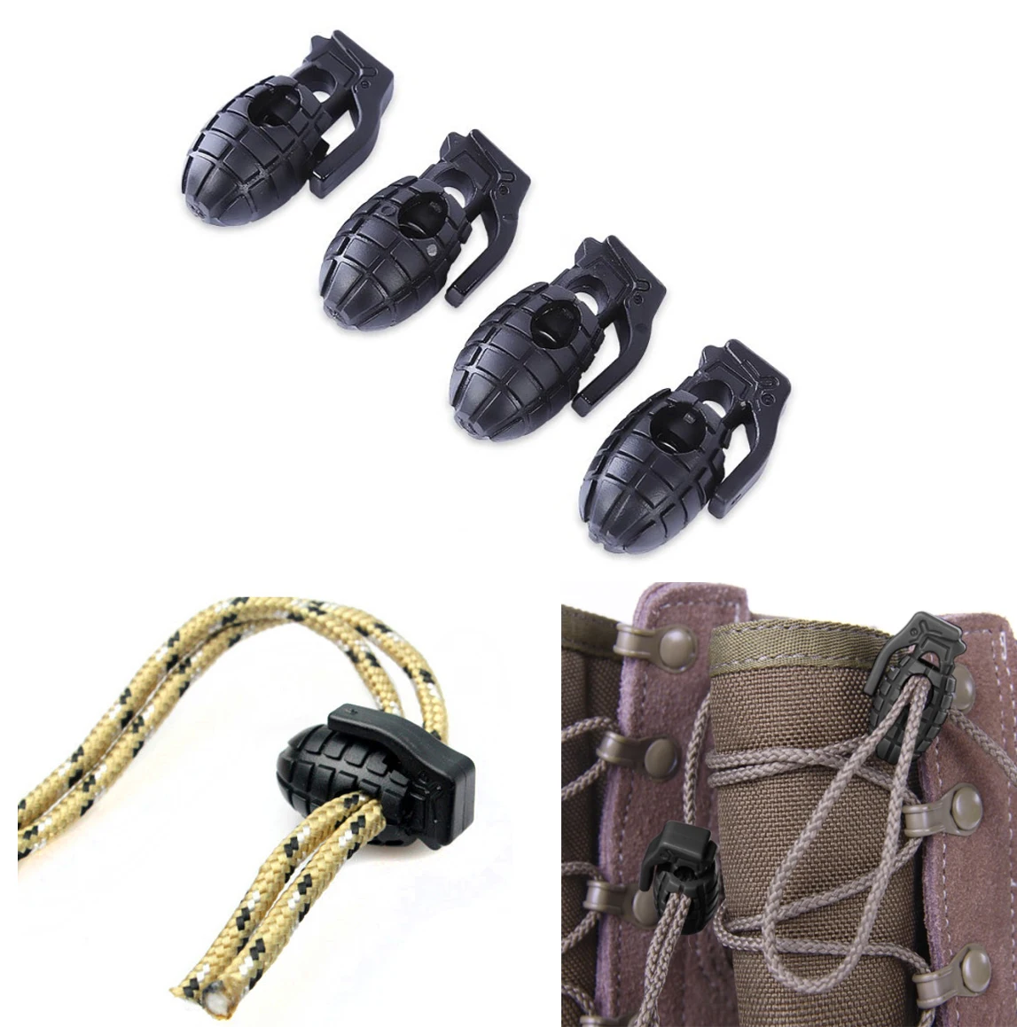 

Grenade Buckle Shoelace Shoe Lace Rope Outdoor Clip Clamp Lock Camp Stopper Survive Cord Paracord Hike