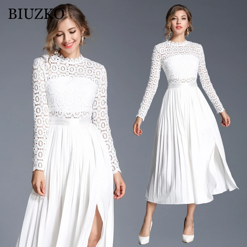 

Elegant Patchwork Solid A-Line Summer Dress Hollow Out Long Sleeve Office Maxi Women Dresses Stand White Mid-Calf Vestidos