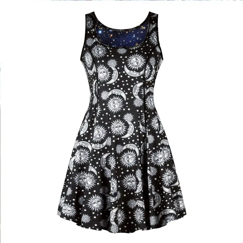 

Women Mini Dresses Casual Plus Size Black Gothic Punk Harajuku Sexy Club Summer Moon Star Printing Female Fashion Aline Dress