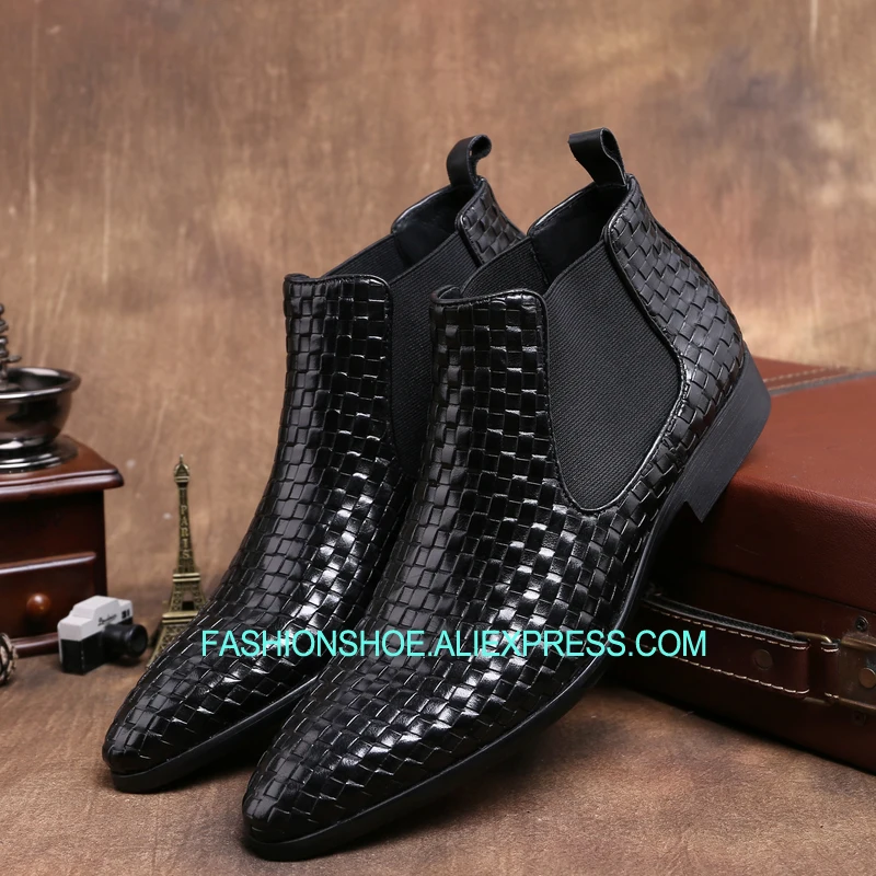 

Full Grain Leather Weave Men Boots Fall Winter British Style High top Ankle Short Mans Boot