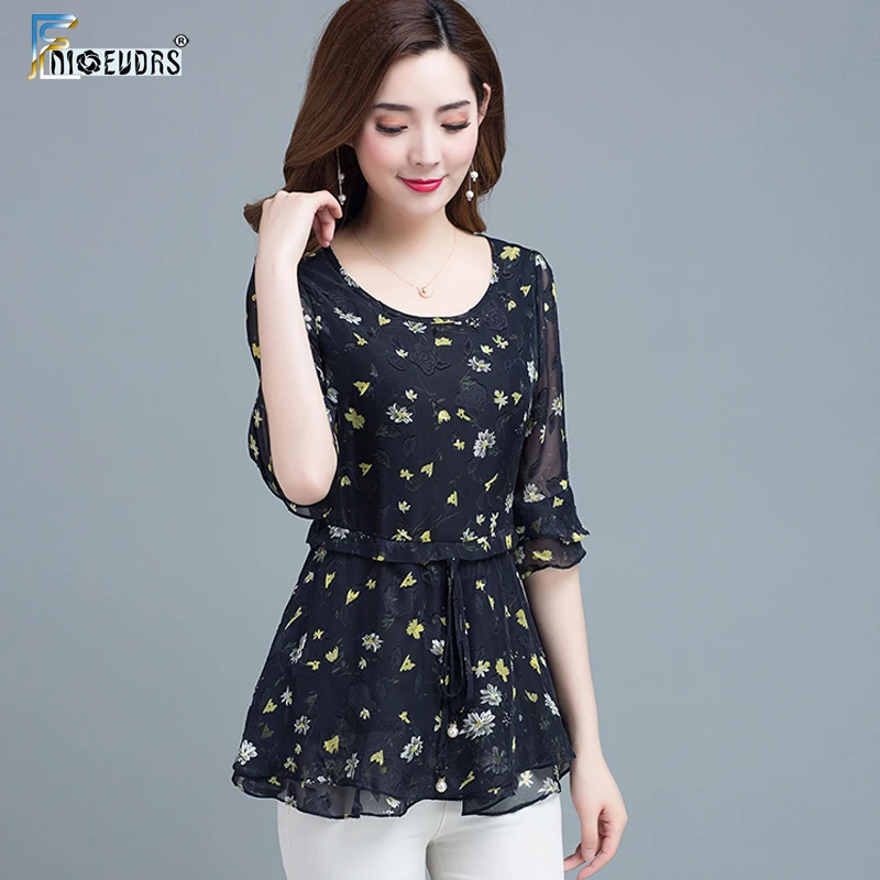  Chiffon Blouses Shirts 2019 Design Women Tops Flare Sleeve Slim Waist A Line Belly Peplum Top Flora