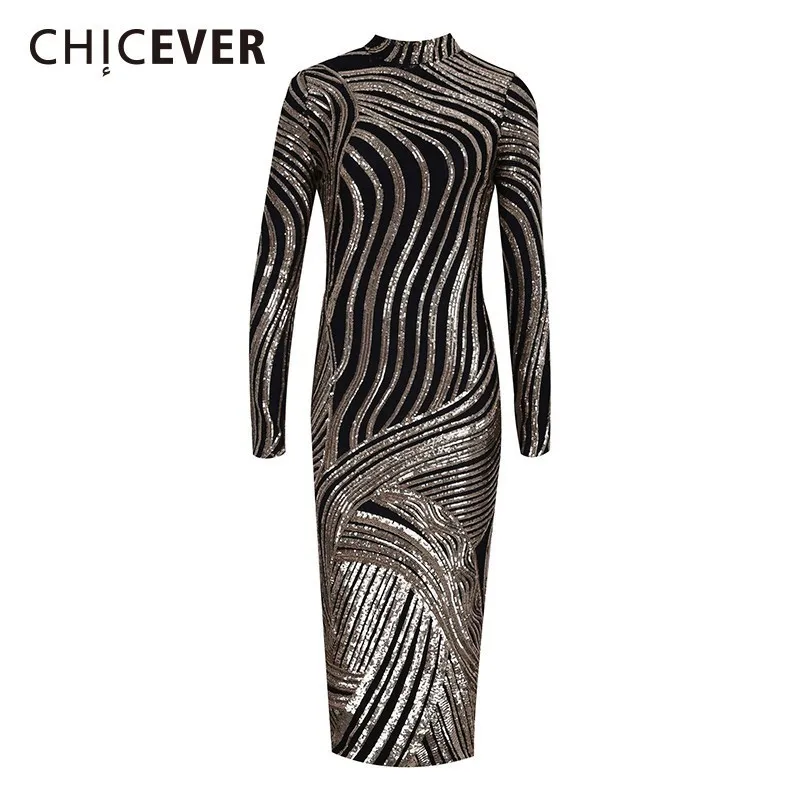 Gold Modo Collare Lunga Colori Hit Vita Paillettes Partito Del A Femminile Marea Di Da Dress Alta Aderente Chicever Oro Manica Vestiti Split Hem Basamento Vestito 1gFYww