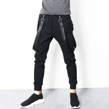 

#1733 Spring Summer Black Skinny Pencil Pants Men Elastic Waist High Street Hip Hop Pants With Ribbons Casual Streetwear Pants