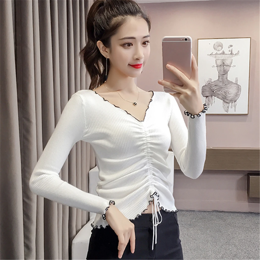 2018 New Fashion Knit Sweater Women V Neck Sweaters And Pullovers Long Sleeve Korean Style Drawstring Tops Jumper Truien Dames | Женская