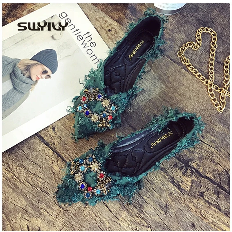 Online SWYIVY zapatos planos de mujer arco zapatos casuales de diamantes de imitación primavera 2019 puntiagudos planos de Punta cerrada deslizamiento en zapatos de mujer tamaño 41