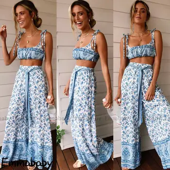 

Hirigin Women 2 Piece Set Women 2019 New Fashion Flower Clothes Summer Crop Top Set Causual Wide Let Pants + Crop Top