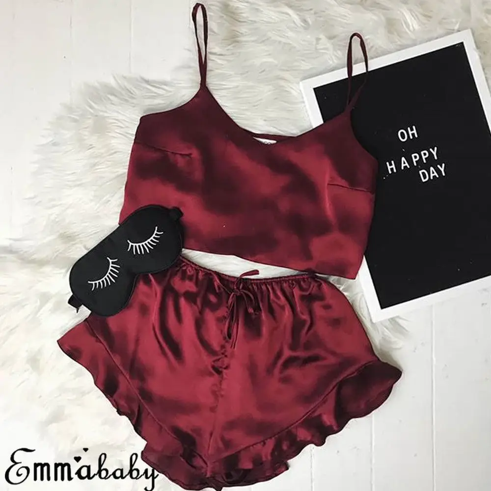 

Newest 2018 Sexy Lingerie Clothes Set Women Silk Robe Stain Cropped Top Shorts 2Pcs Babydoll Nightwear Red Sleepwear Pajama Set