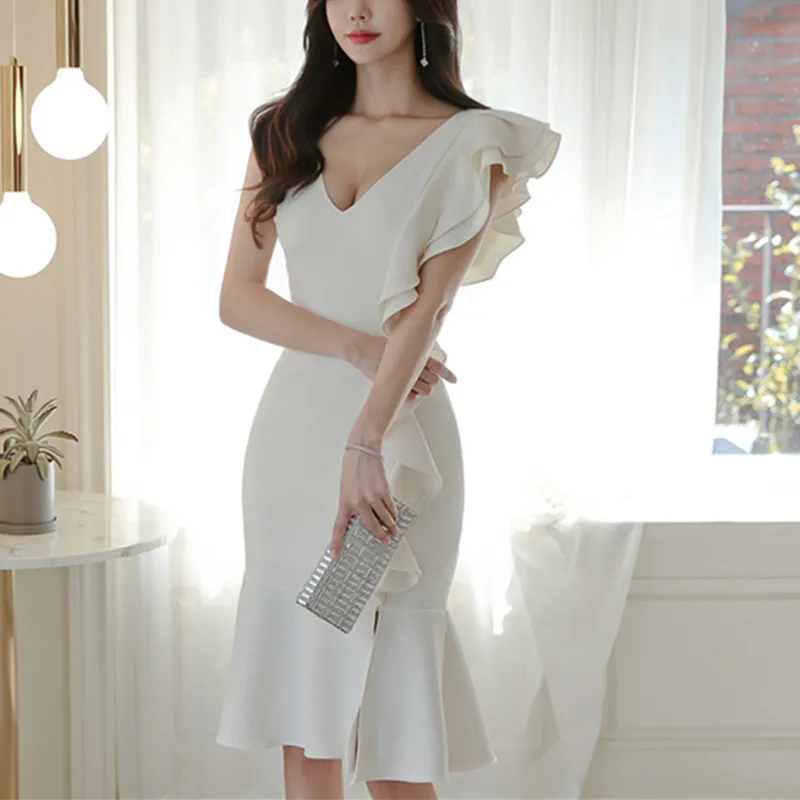 

Summer Women Party Dress 2019 Elegant White Ruffle V-neck Sleeveless Formal Dress Bodycon Club Dress