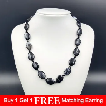 

LiiJi Unique Natural Stone White Line Black Onyx Oval shape Stone Toggle clasp Fashion Necklace Approx 20''/50cm