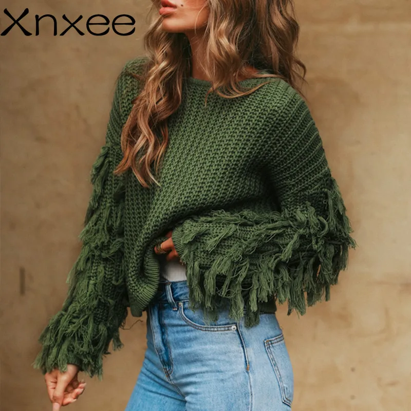 

Xnxee Tassel knitted sweater women pullover loose Casual army green winter sweater female O neck 2019 autumn jumper pull femme