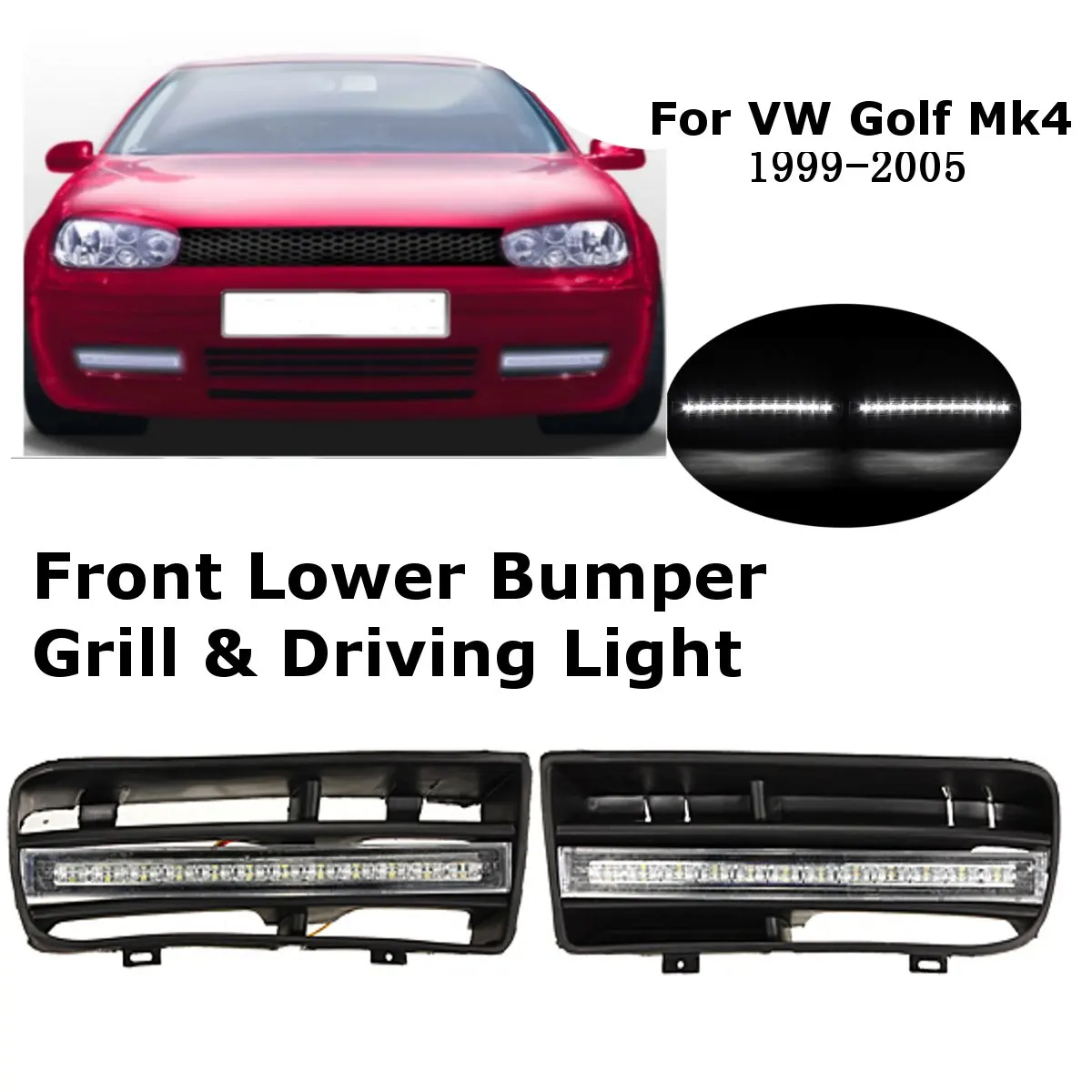 

12 LED Fog Light Lamp Front Lower Bumper Grille Daytime Driving Light Harness For VW Golf MK4 1997-2006