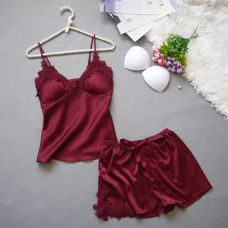 

Summer 2019 Modis Fashion Women Lace Silk Pajamas Deep V Bow Belt Top+shorts Lingerie Pad Removable 2 Piece Women Sexy Pajamas