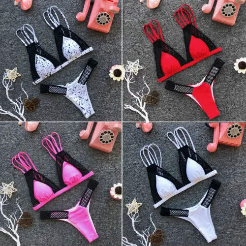 

2019 New Women Sexy Bikini Set Push-up Padded Triangle Bra Top Thong Bottom Mesh Beach Swimsuit Bathing Suit Swimwear