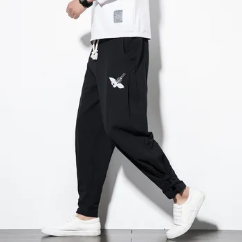 

#4503 Cotton Linen Harem Pants Elastic Waist Plus Size 5XL Retro Linen Pants Men Chinese Embroidery Crane Hip Hop Sweatpants
