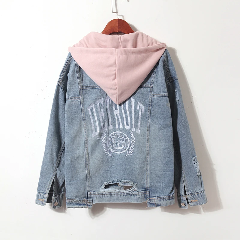 Detachable hooded denim jacket women letter embroidery Tearing Hole jean...