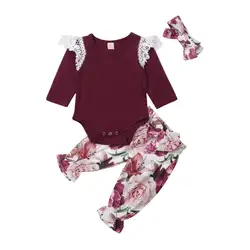 Милые комплекты одежды для новорожденных девочек, модные Кружевные Боди с длинными рукавами, топы, штаны с цветочным принтом, повязка на