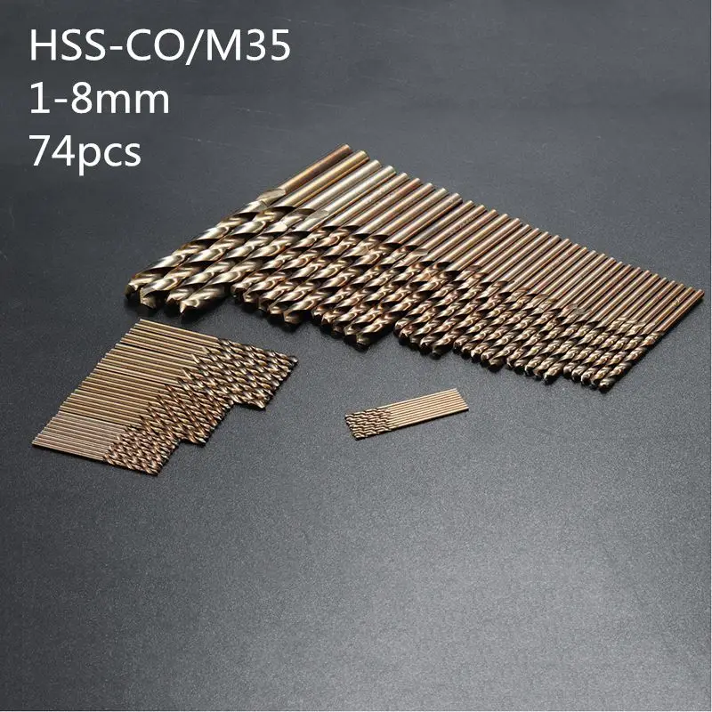 

74pcs/Set 1MM-8MM Twist Drill Hole M35 Cobalt High Speed Steel Tool Set Whole Ground Metal Reamer Tools Plastic Box