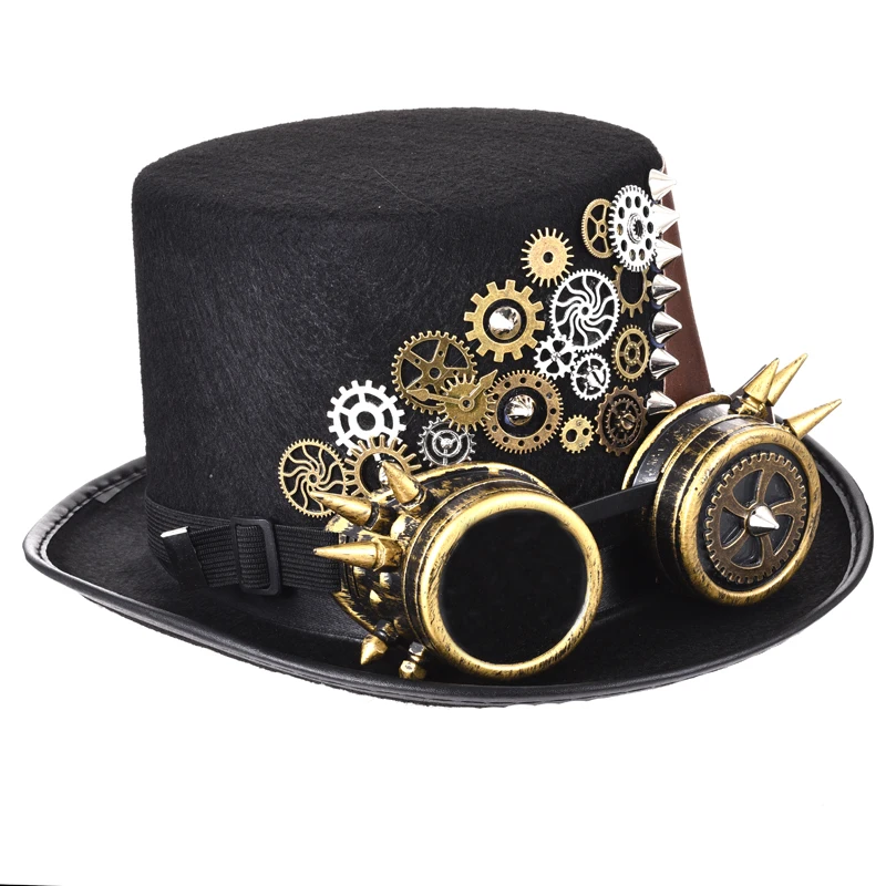 Tanie Punk czarny Fedora Steampunk Gears kolce skórzane mężczyźni kobiety cylinder z Googles Gothic Party festiwal kapelusze akcesoria
