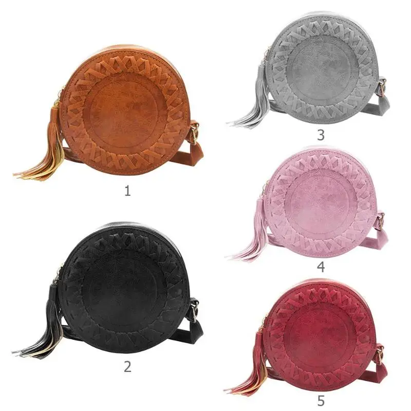 Плетеная круглая сумка из искусственной кожи в стиле ретро с кисточками, женская сумка на плечо, одноцветная плетеная сумка-мессенджер, дизайнерская женская сумка
