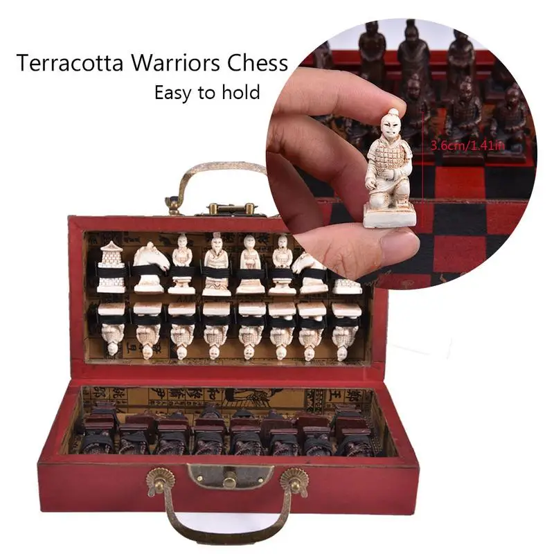 

New Wood Chess Chinese Retro Terracotta Warriors Small Chess Set Wood Do Old Carving Resin Chess Christmas Qing Dynasty Chinese