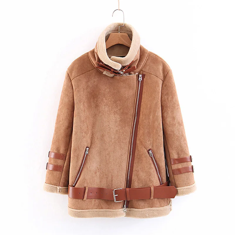 

new winter hot fur inside jacket with belt zipper top coat women motocycle style