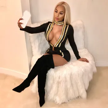 

Fashion Women Sequined Playsuit Deep V-Neck Long Sleeve Sexy Romper Striped Nightclub Party Short Jumpsuit