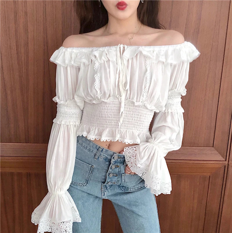 

Ruffle Crop Top Off Shoulder Long Lantern Sleeve Sexy Korean Spring Boho Bow Patchwork lace White Short Blouse Women Shirt