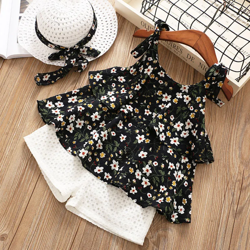 Children Summer Clothes Sets  New Style Girls Sleeveless Sling Floral Chiffon Clothes Suits And Straw Hat 3pcs Baby Clothes
